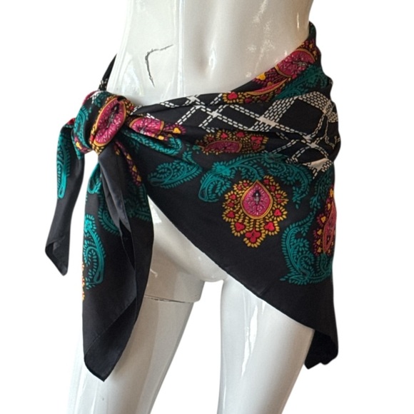 Diane Von Furstenberg Colorful Black Multi Paisley and Plaid Square Silk Scarf - Picture 6 of 15